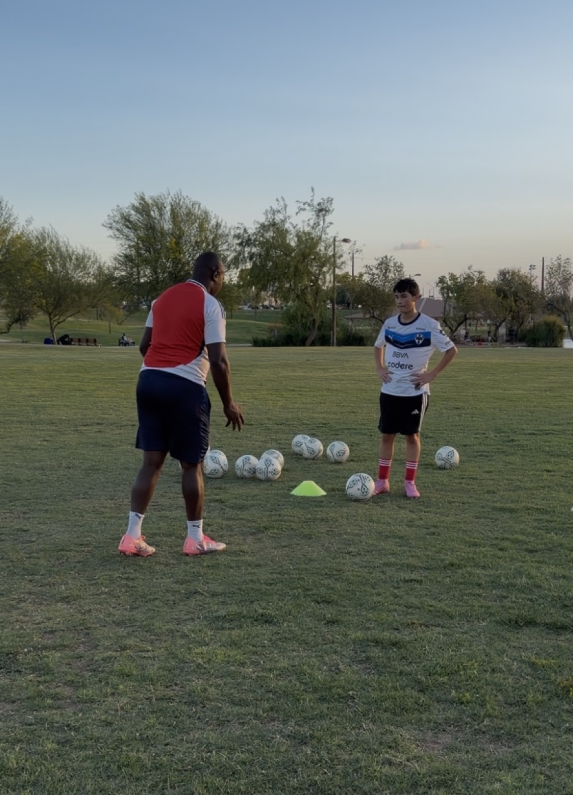 A line of soccer balls set up for a finishing drill during an evening training session.
