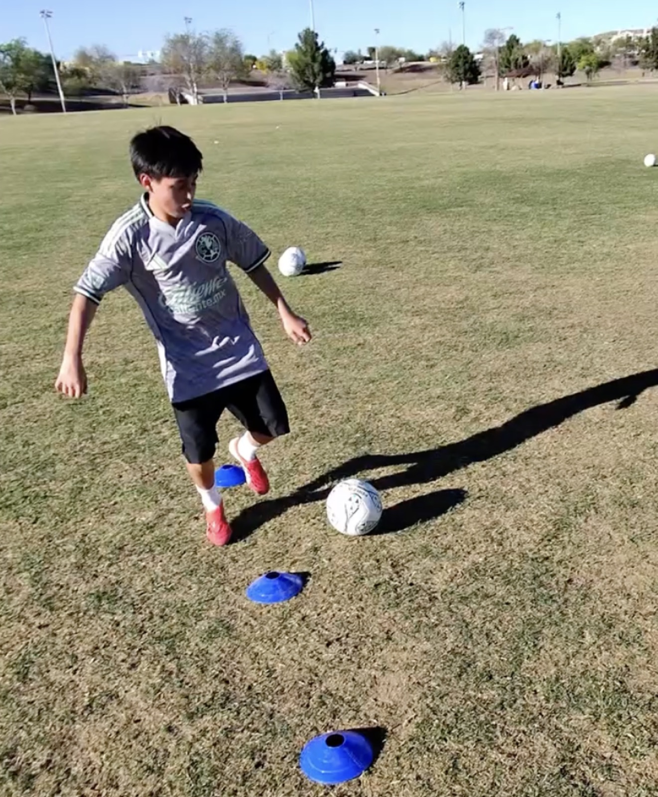 Young player dribbling through cones with quick footwork during training.